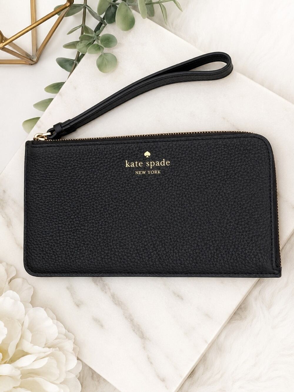 Kate Spade NY Black Pebbled Leather Zip Wristlet Wallet Clutch Large